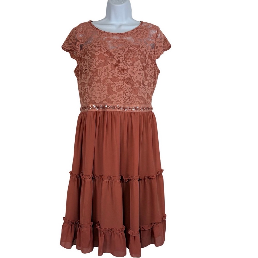 MiUSOL Dusty Rose Lace & Chiffon Midi Dress L Beaded Waist Tiered Skirt